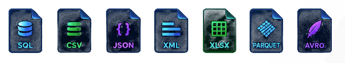 File formats: SQL, CSV, JSON, XML, XLSX, Parquet, and Avro.
