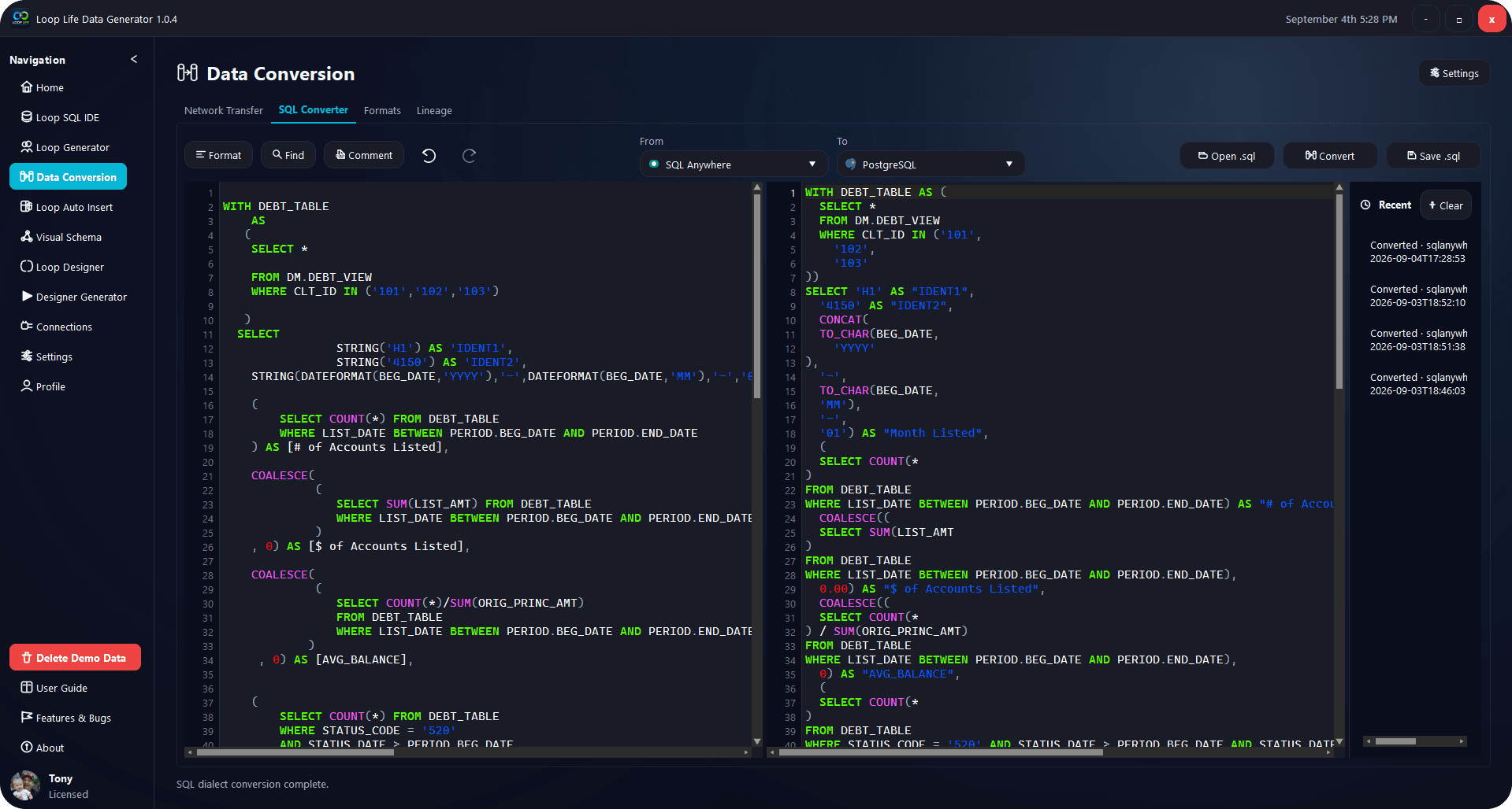 SQL dialect conversion workspace