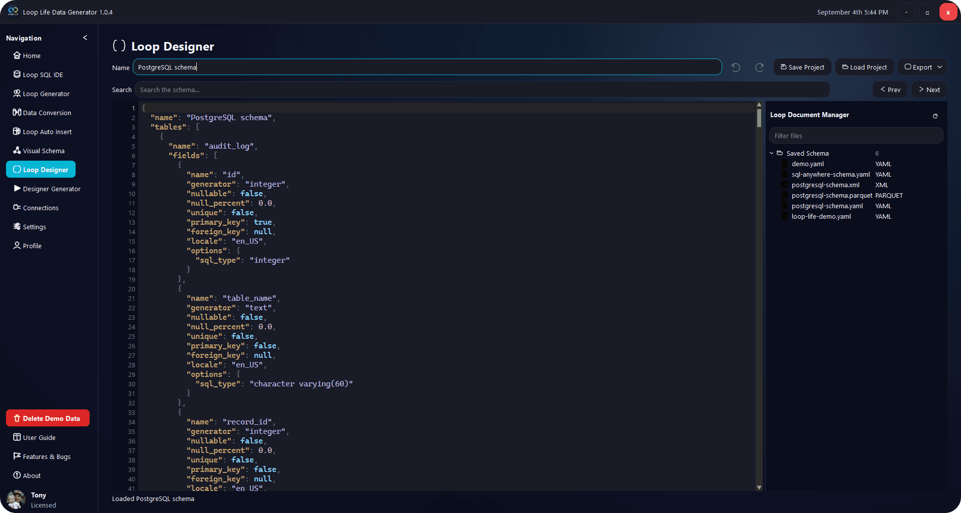 Loop Designer JSON schema editor with document manager
