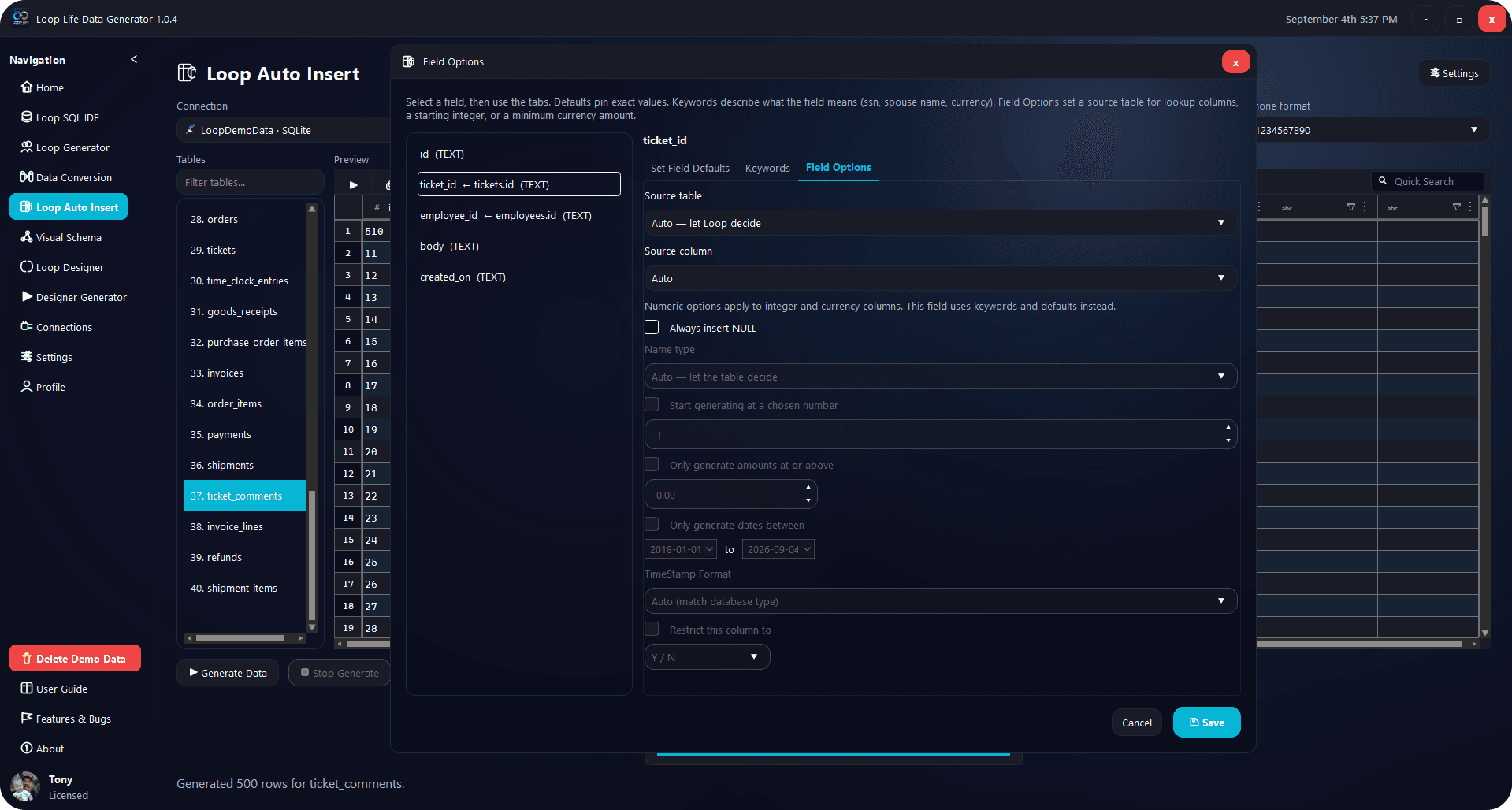 Auto Insert field options for a live table