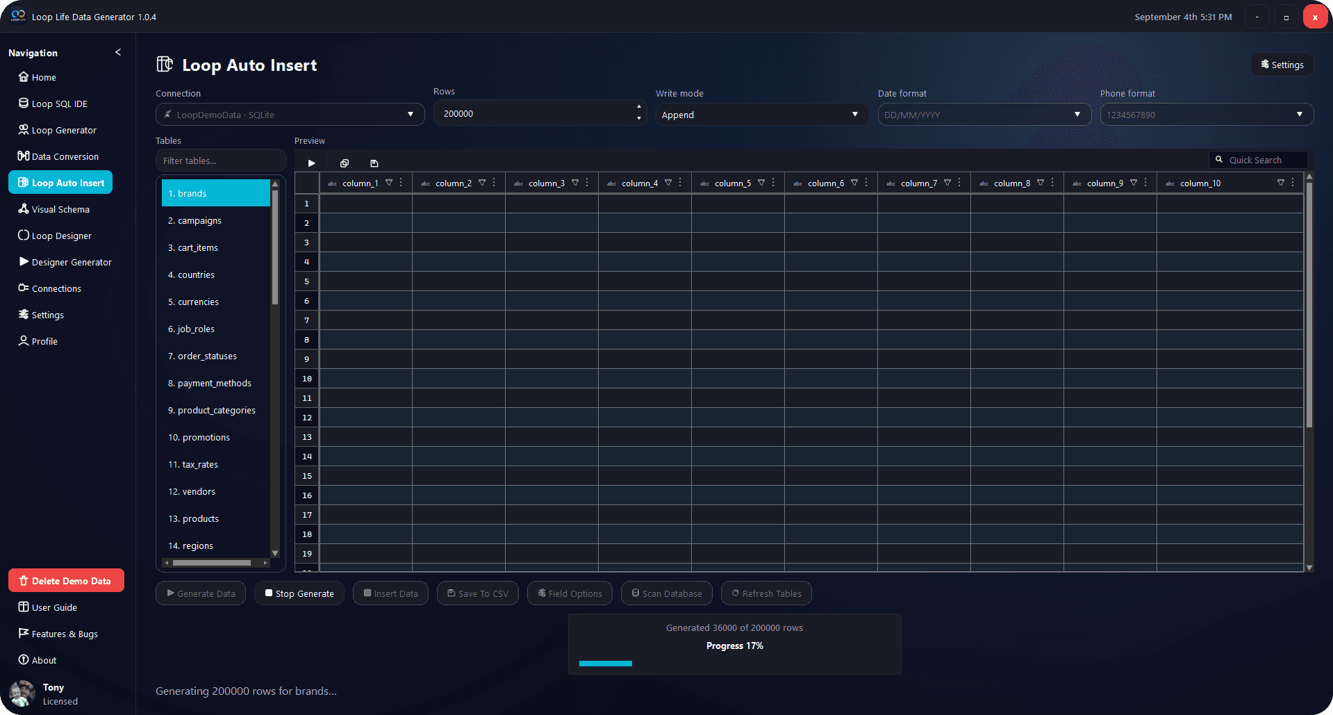 Auto Insert generating rows into a live database