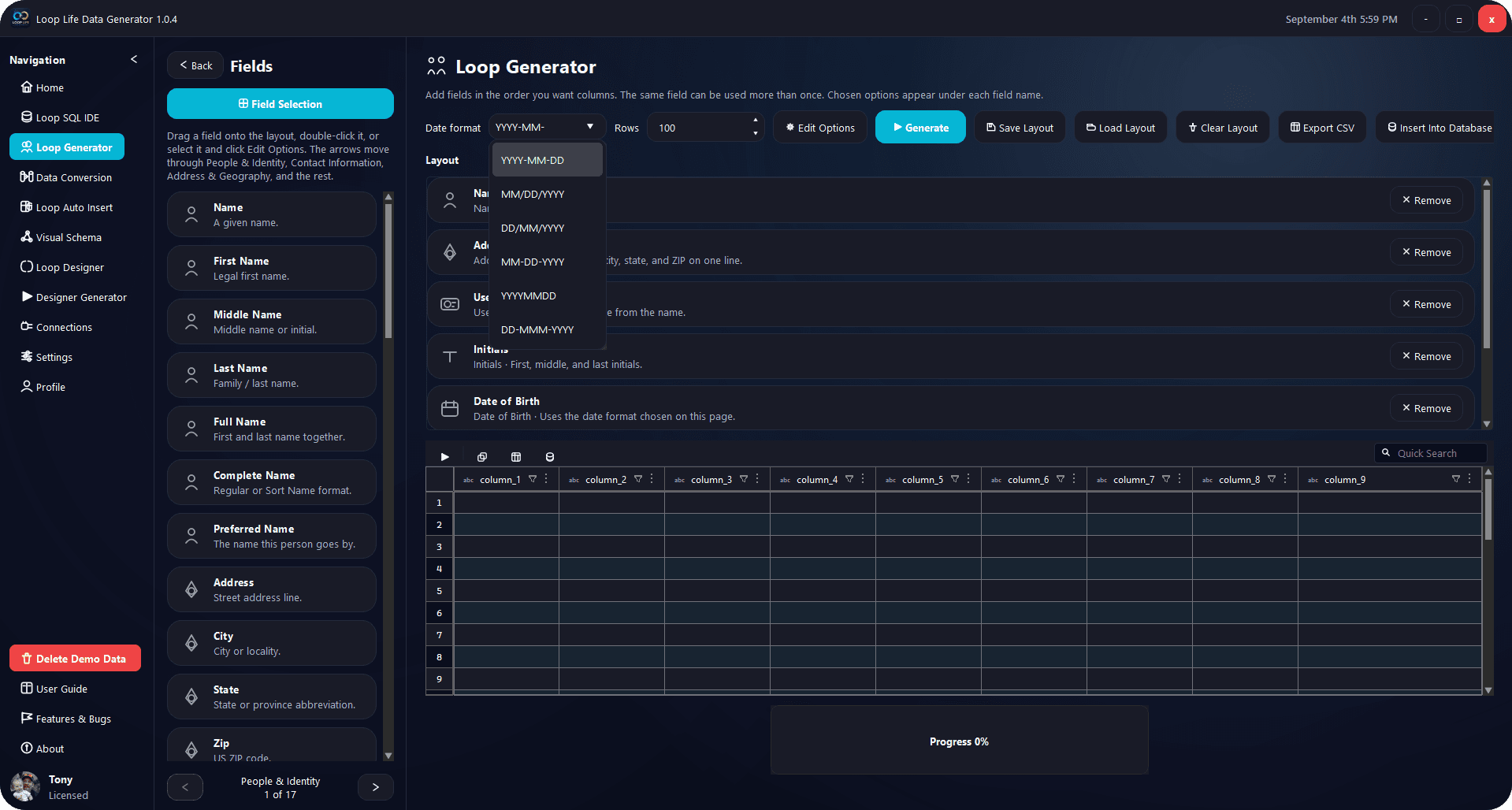 Loop Generator field palette and layout