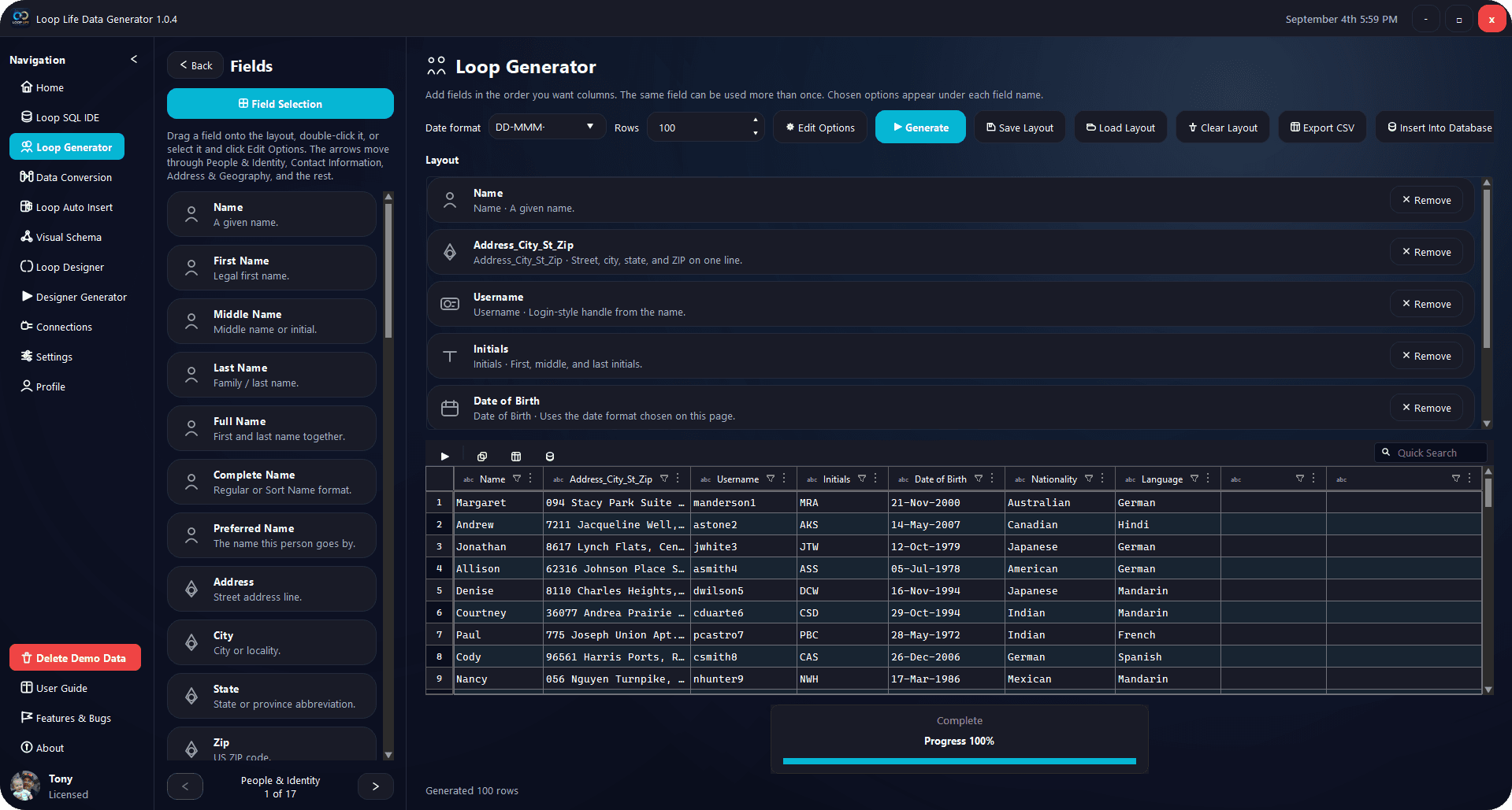 Loop Generator preview of generated rows