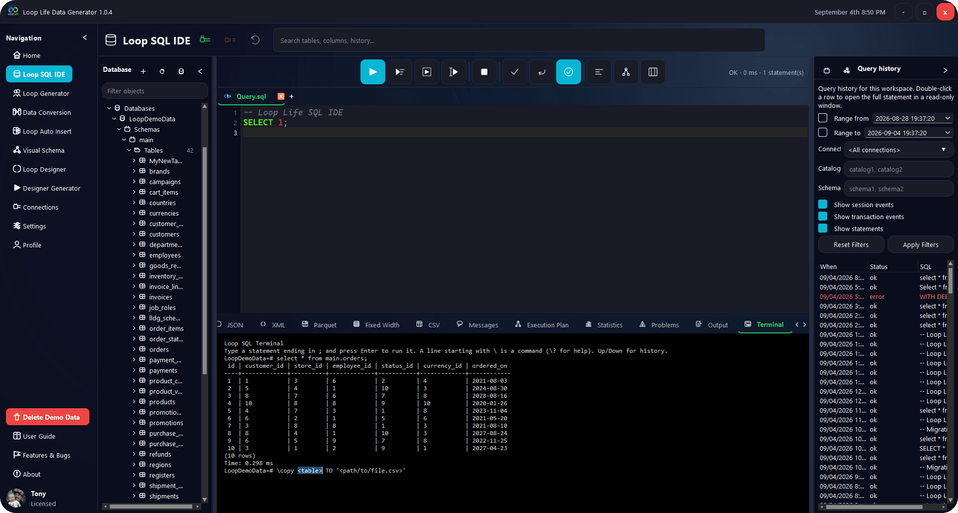 Loop SQL Terminal with a select from main.orders and a psql-style prompt