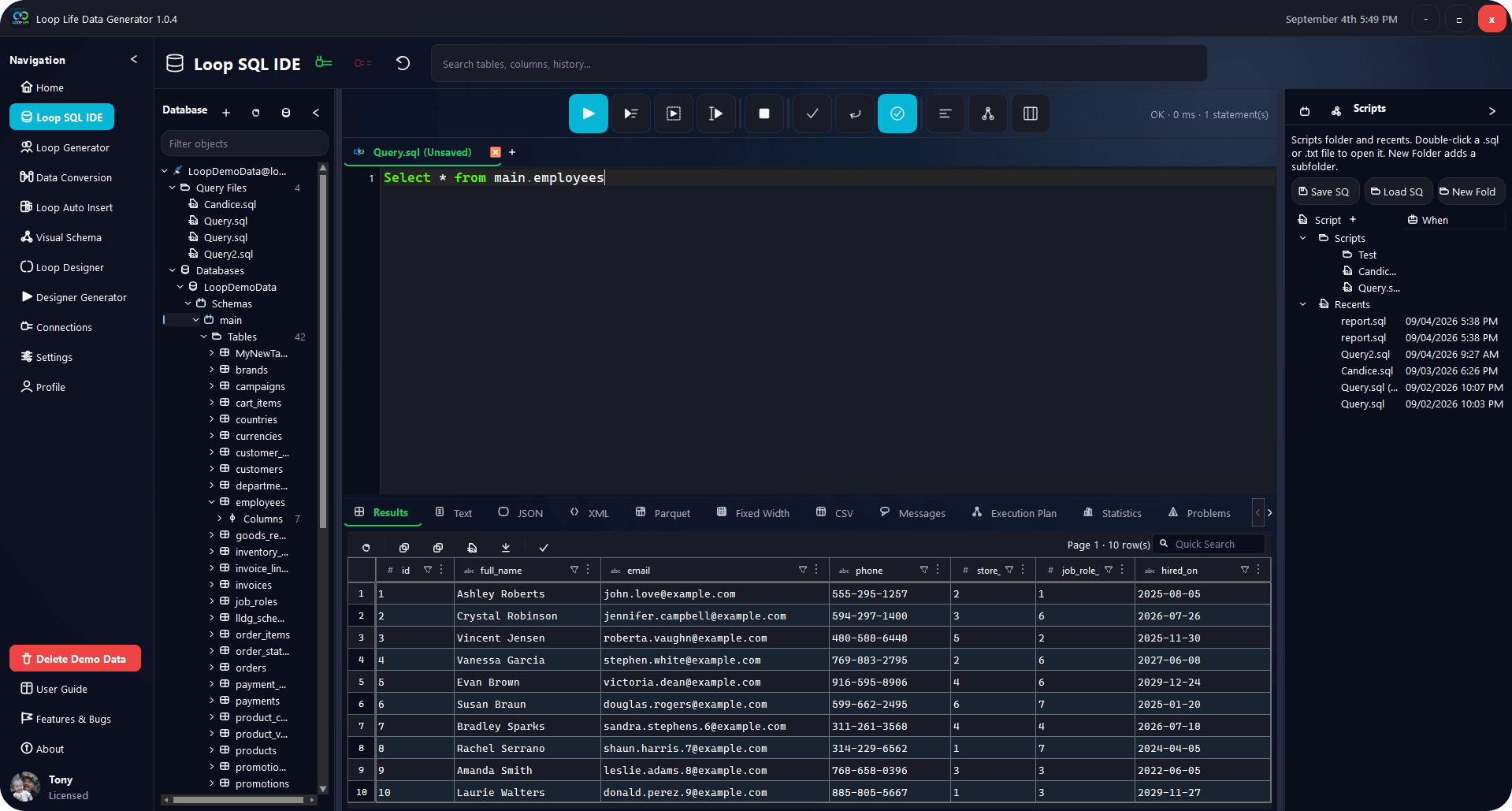 Loop SQL IDE with a query against the employees table and live results