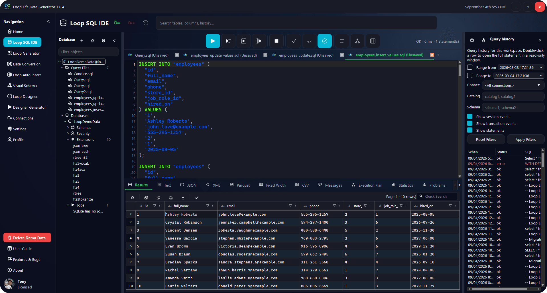 Loop SQL IDE database explorer and results workspace
