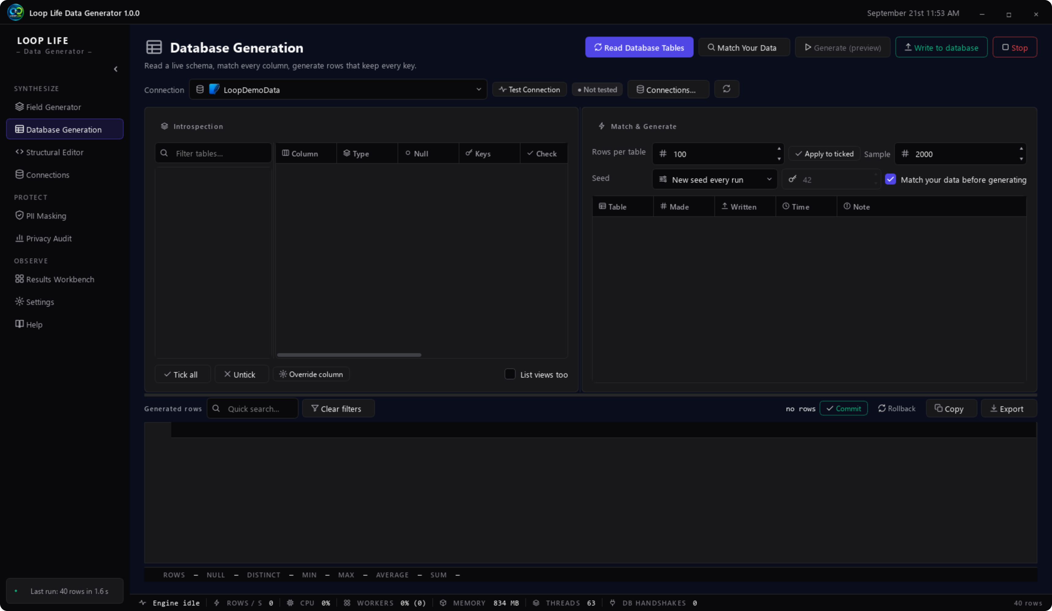 Database Generation window, one of the applications included with Loop Life Data Suite
